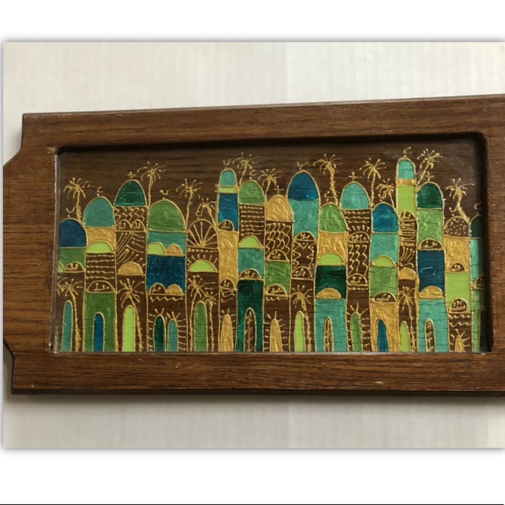 Glass Wood Tray Hand Painted JORDAN - Armenian Hagop Kokozian City Chuch Mosques - Picture 9 of 9